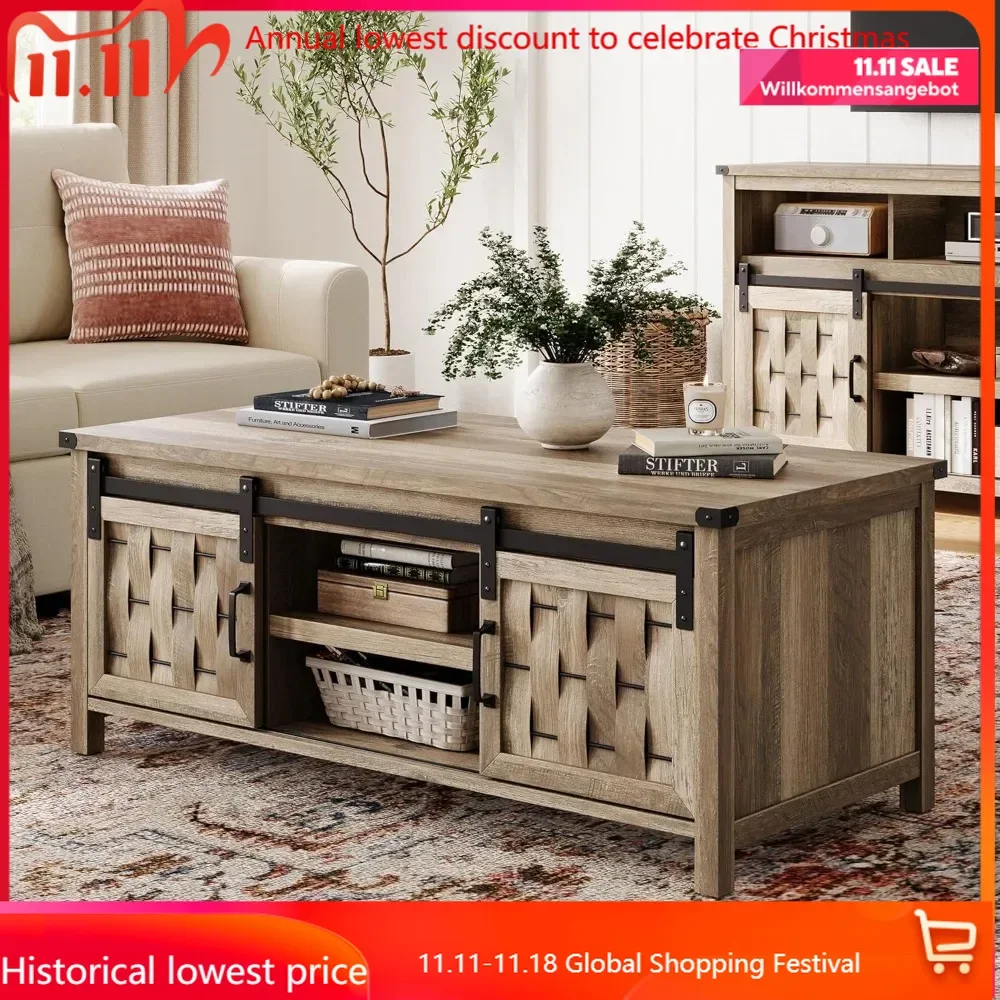 47" Coffee Table Storage Sliding Barn Doors Farmhouse Industrial Cocktail Table Adjustable Shelves Rect