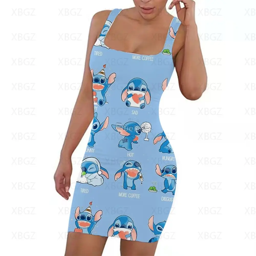 Stitch Women'S Dress Print Summer Sling Dresses 2022 Fashion Disney Top Senza Maniche Cartoon Stretto Sexy Slim Fit Abbigliamento 5Xl
