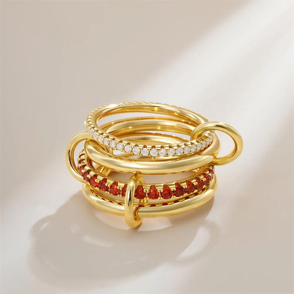 Multilayer Everly Stacked Ring Chunky Gold Plated Interlocking Zircon Multi Link Connected Rings Eternity Statement Jewelry Gift