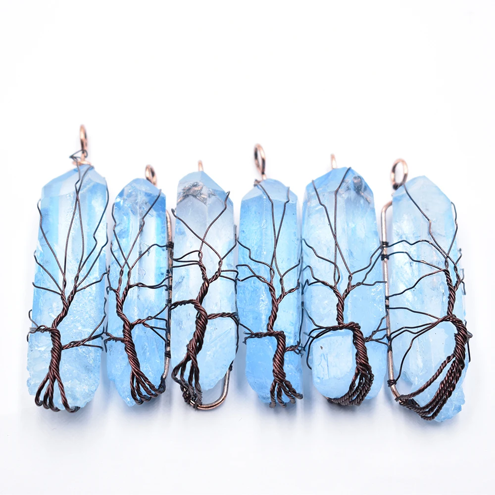 

Fashion NaturalCrystal Pillar Pendants Handmade Antique Copper Wire Wrapped Tree of Life Wholesale 6Pcs/Lot for Necklace Jewelry
