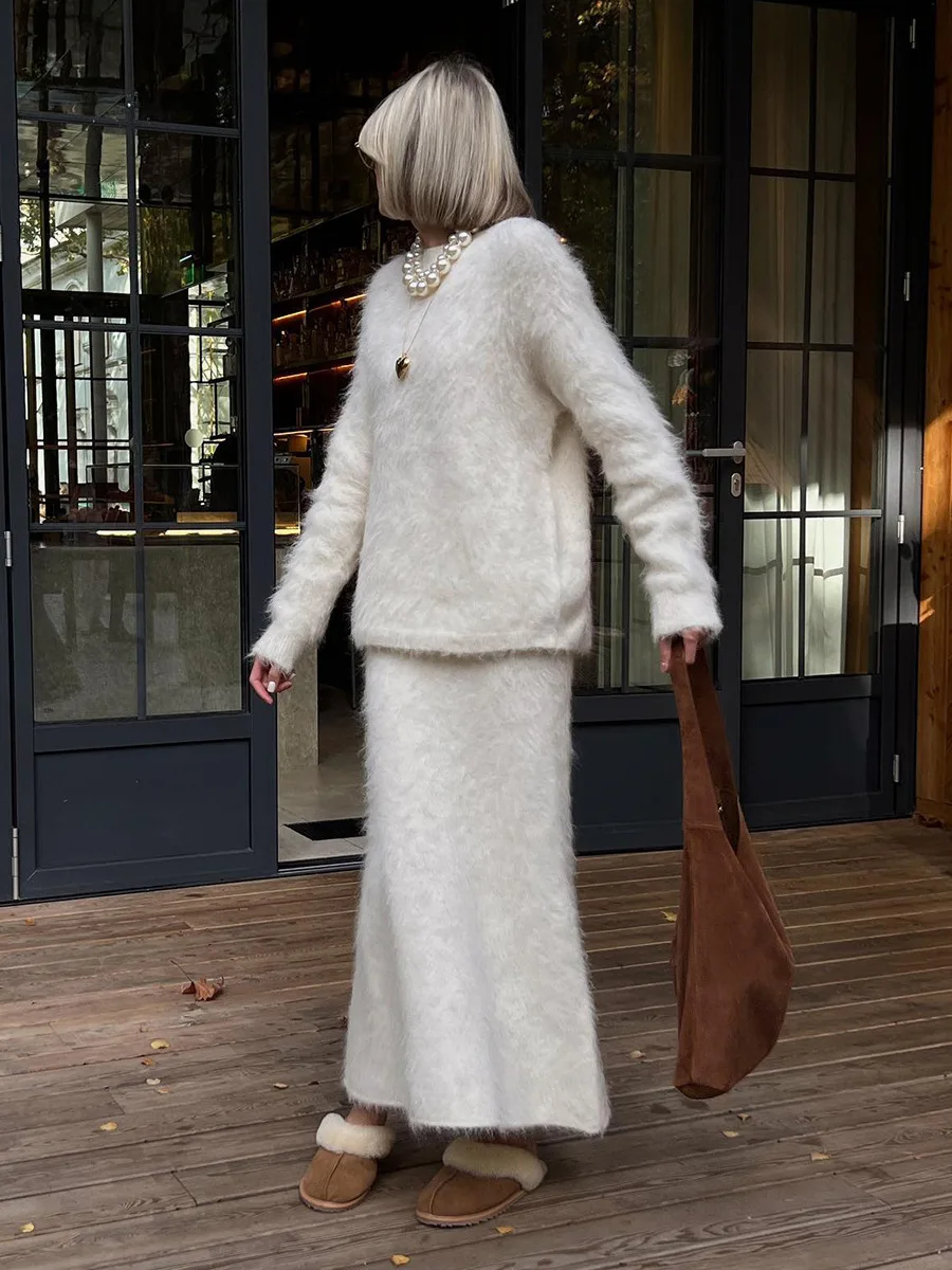 Bornlladies Winter Fashion Wool Knitted Streetwear 2-Piece Set Oversized Pullover High Waist Skirt Women Casual  Lounge Outfit