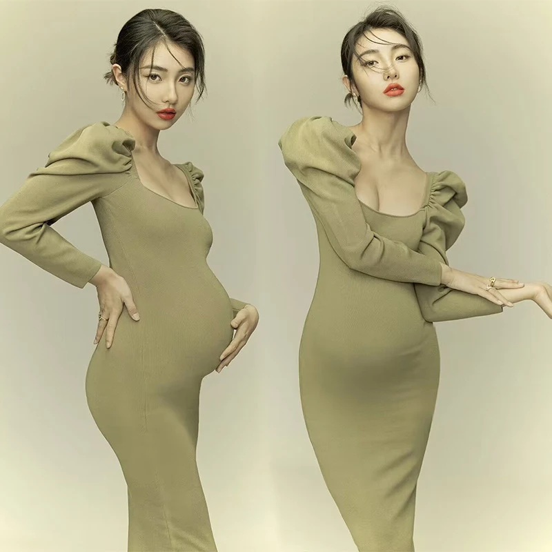 Women Photography Props Maternity Dresses Pregnancy Knitted Full Sleeves Square Neck Elegant Studio Photoshoot Clothes Korean