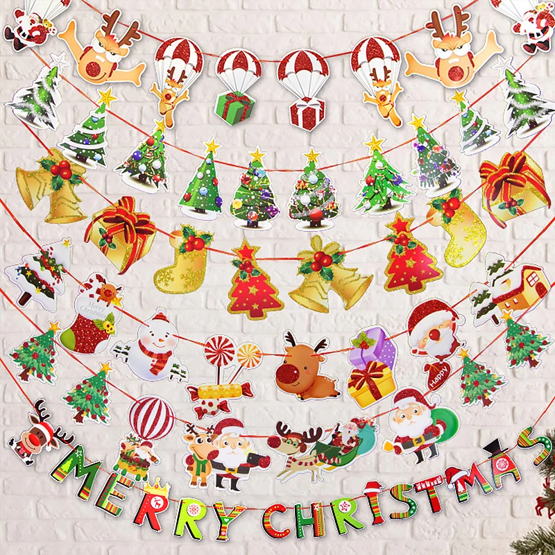 

Merry Christmas Banner Cartoon Xmas Tree Santa Claus Snowman Hanging Paper Pulling Flag DIY Banners Party Decoration Supplies