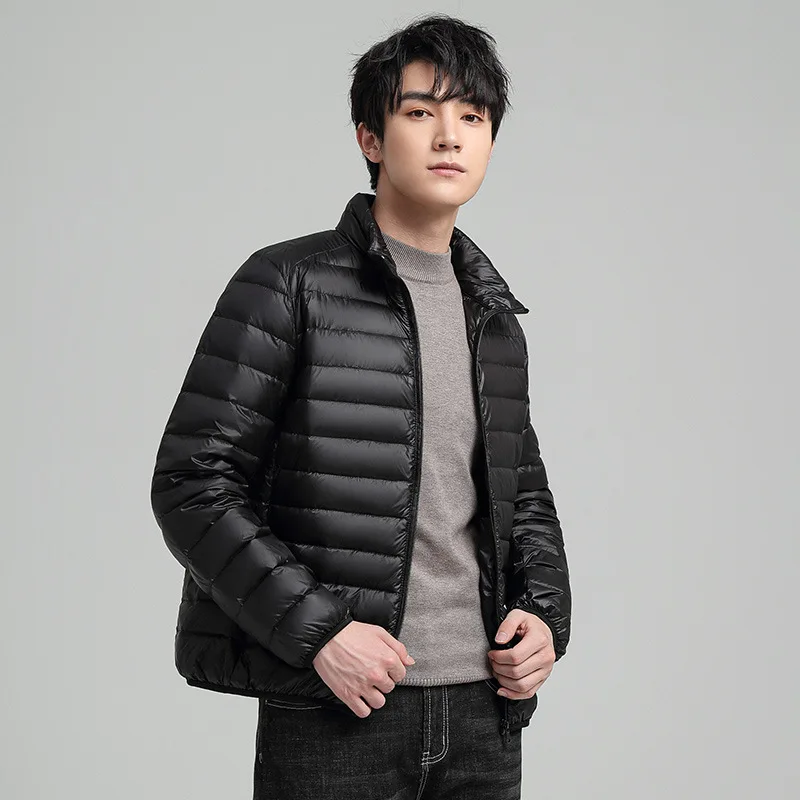 Autumn Winter Men's Lightweight Warm Cold Resistant White Duck Down Coat Fashion Casual Versatile Standing Collar Jacket