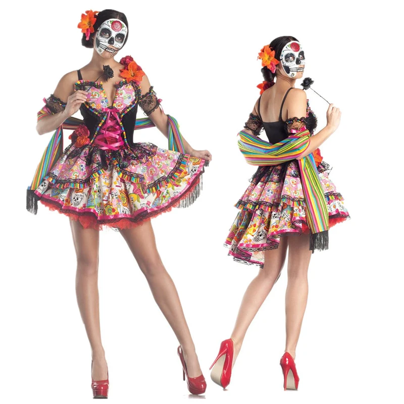 

Women Sexy Sugar Skull Flower Fairy Halloween Ghost Vampire Bride Fancy Dress Skeleton day of The Dead Carnival purim Costume