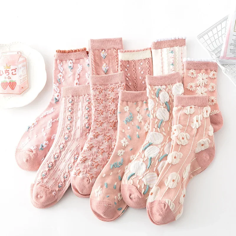 

5 Pairs Woman Socks Harajuku Retro Embroidery Spring Kawaii Cute Lolita Socks Lace Flower Crew Calcetines Mujer Christmas Gift