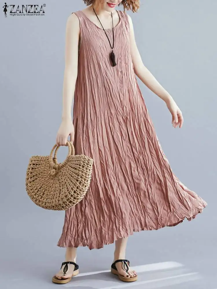 

ZANZEA Loose Vintage Vestidos Casual Women Midi Dress Summer Leisure Kaftan Robes Sleeveless Wrinkle Design Holiday Tank Dress