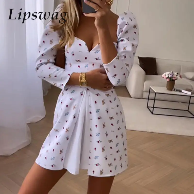 

Casual Print Patchwork Pleated A-Line Dress Commuter Elegant Puff Long Sleeve Mini Dress Women Fashion Square Collar Party Dress