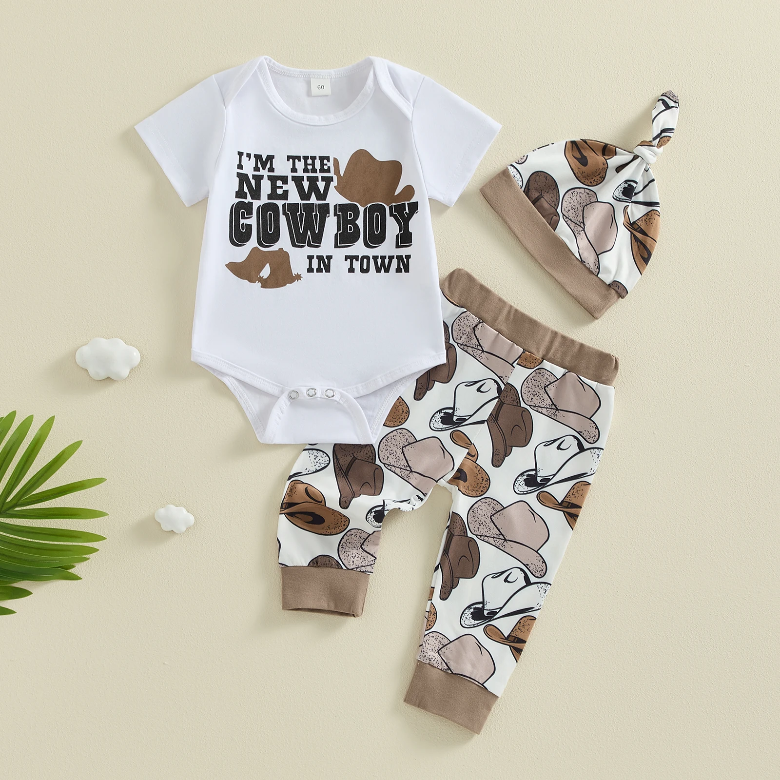 0-12M Newborn Baby Boys Summer Clothes Sets 3pcs Letter Print Crew Neck Short Sleeve Rompers Cowboy Hat Long Pant Hats