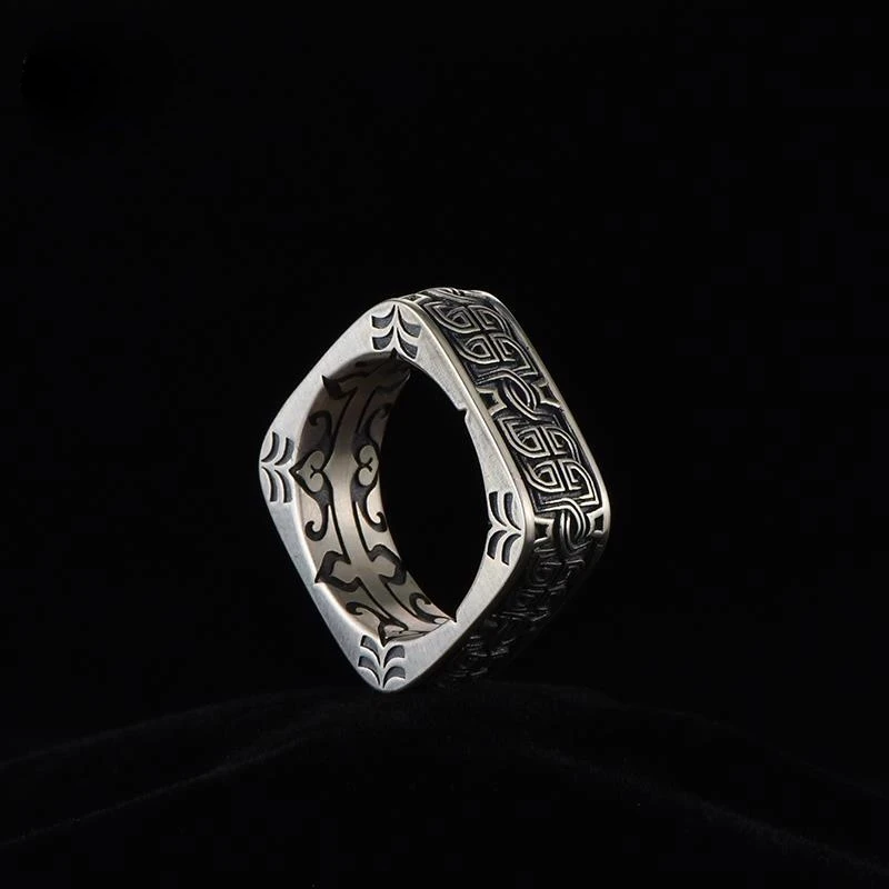 

New S925 Thai Silver Men's Ring Retro Square Round Pangu Trend Personality Domineering Handmade Ring Jewelry Accessories