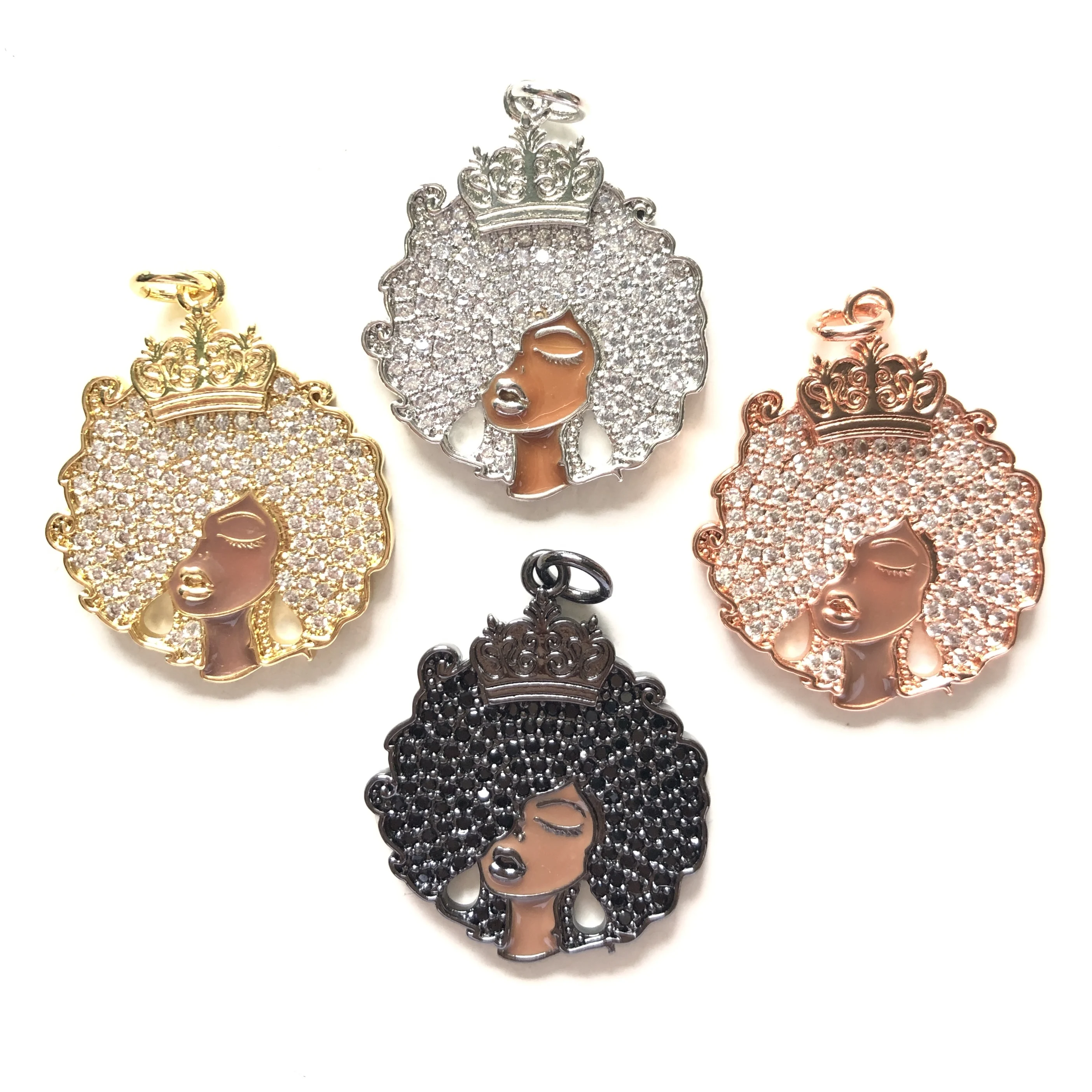 5pcs Cubic Zirconia Paved Afro Queen Charm Black Girl Pendant Women Bracelet Necklace Making Bling Jewelry DIY Accessory Supply