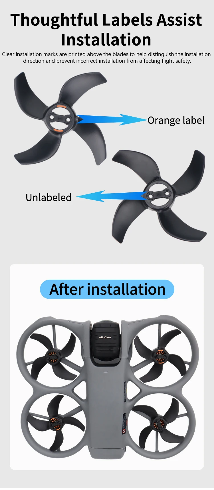Détail d'une hélice de rechange pour DJI Avata 360, avec le logo DJI visible sur la pale en composite.