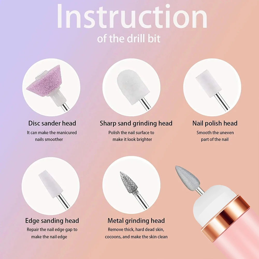 Electric Nail Drill Set Portable Quick Armor Removal Rechargeable Nail File for Acrylic Manicure Pedicure Polishing Tools 6