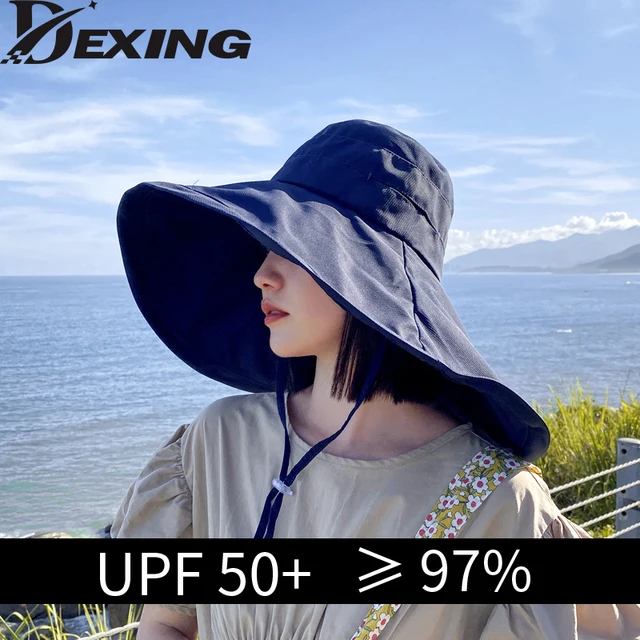 Шляпа от солнца с широкими полями UPF 50 +, женская шляпа с защитой от УФ-лучей, шляпа для пешего туризма и рыбалки, летняя однотонная пляжная шляпа со складками 1