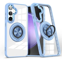 Clear Metal Ring Holder MagSafe Charging Phone Case with Shockproof Hard Cover and Metal Camera Frame - Samsung A15(5G) (Light Blue)