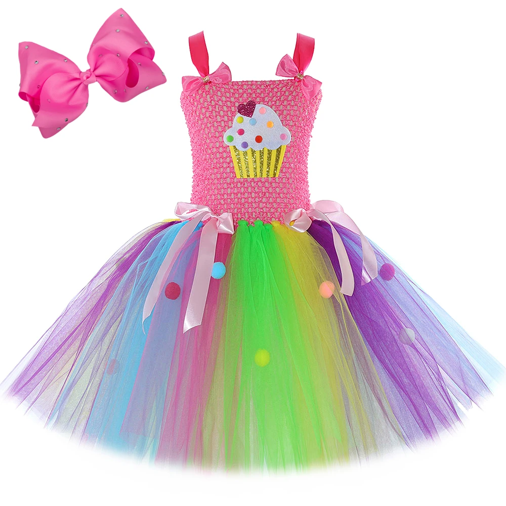 Girls Candyland Cupcake Costume Kids Rainbow Dessert Candy Cake Tutu Dress Toddler Girls Birthday Party Princess Dress Ball Gown