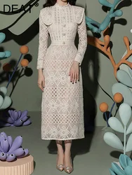 DEAT Embroidery Dress Lace Hollow Out Flowers Pearls Buttons Slim Mid-Calf Length Women Elegant Dresses 2024 Spring New Fashion