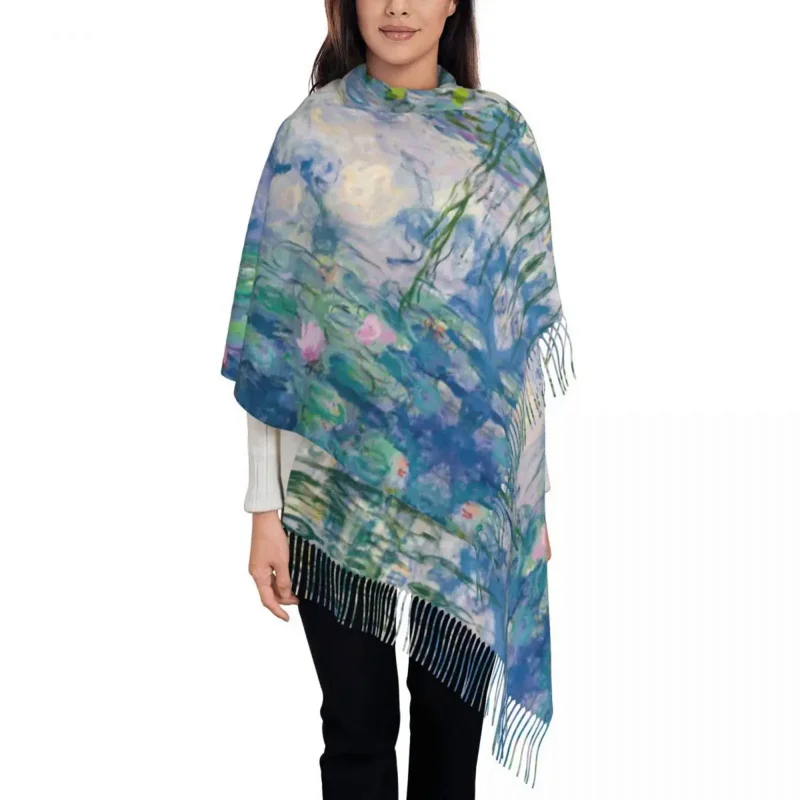 

Female Long Water Lilies Claude Monet Fine Art Scarves Women Winter Fall Thick Warm Tassel Shawl Wraps French Painter Art Scarf