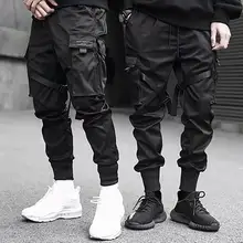

2021 Hip Hop Men Casual Multi Pockets Straps Ankle Tied Cotton Drawstring Cargo Pants Long Track Fashion Trouser for Men
