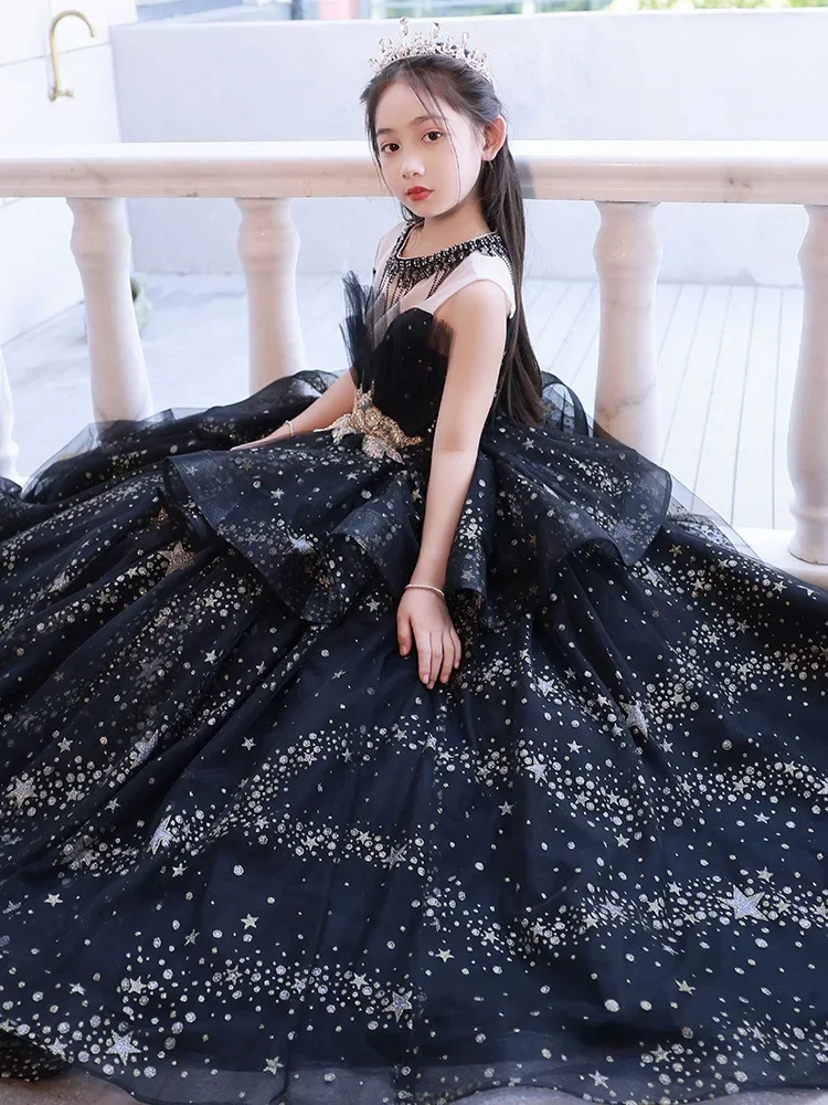 Girls Luxury Party Dress Kids Elegant Black Lace Princess Gown