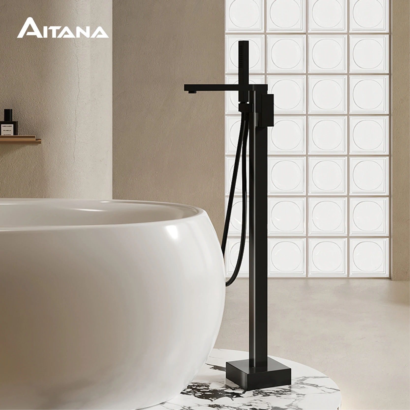 AITANA Luxury Black Brass Floor standing Bathroom Faucet Simple Design Single Handle Hot and Cold Water 2-Function Bathtub Mixer