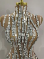 Sparkly Rhinestone Chain Sexy Transparent Sleeveless Bodysuit 2025Women Party Nightclub Team Performance Costume Show Stage Wear - Image 5