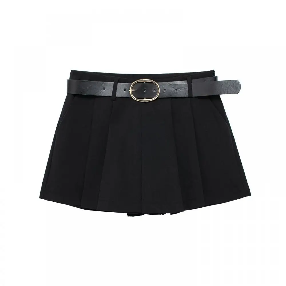 

Темно-синие плиссированные шорты с высокой талией и поясом, повседневные модные элегантные и универсальные, доступны для мгновенного использования