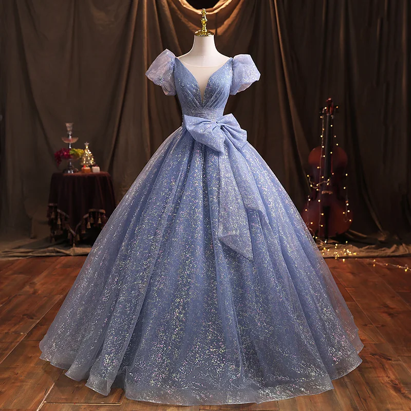 

Blue Evening Dress Women V-neck Puff Sleeve Sequin Bow Decorate Lace-up Slim Dresses 2023 New Temperament Banquet Female Dress