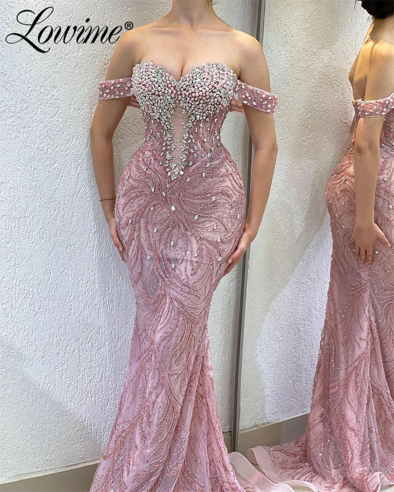 

Pink Party Dress Long Arabic Aso Ebi Crystals Mermaid Prom Dresses Robe De Soiree Sparkly Crystals Women Formal Evening Gowns