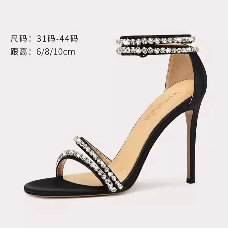 

Summer New Round Head Silk Face Water Diamond One line Sandals with Thin High Heels Banquet Dress Large and Small Women's Shoes