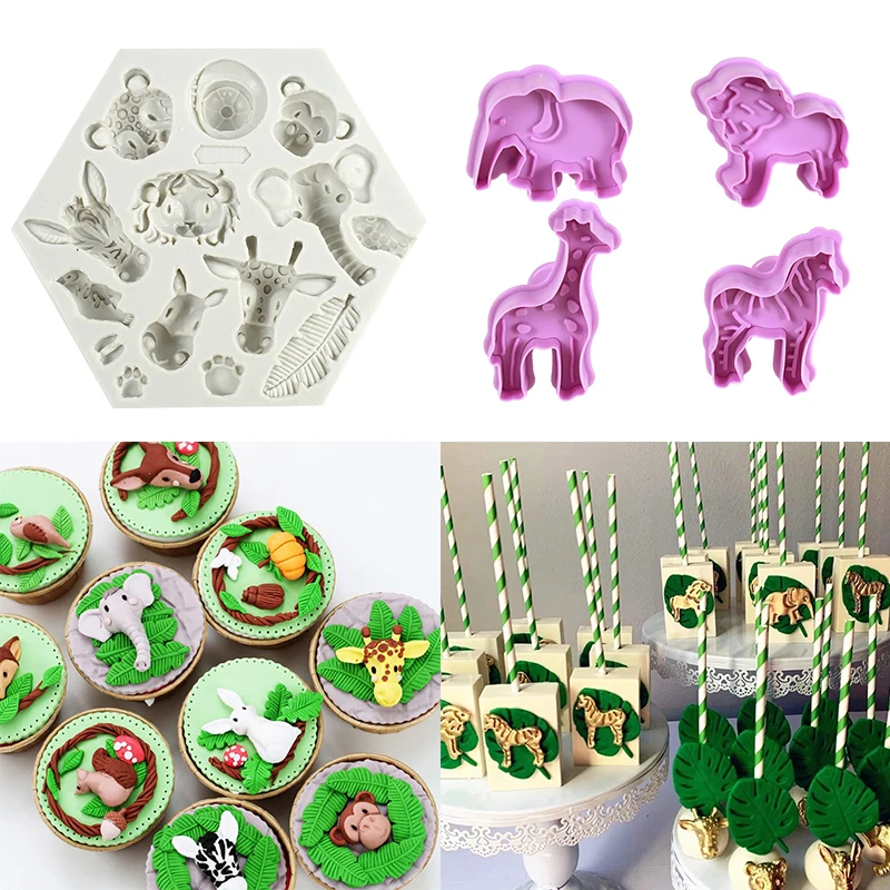 Jungle Safari Animal Cake Mould Green Leaf Elephant Lion Silicone Fondant Cookie Mold For Kids Birthday Party Baking Cake Decor