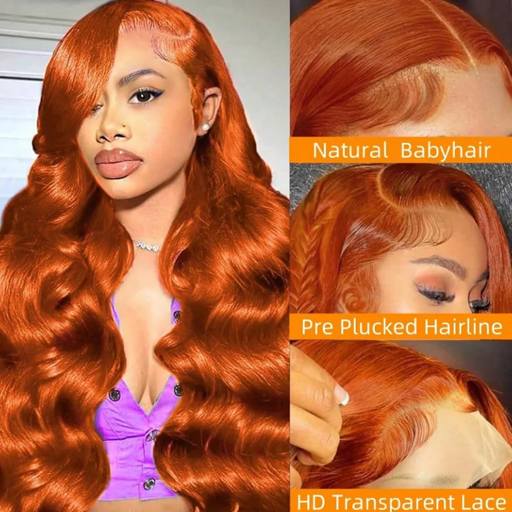 350 Ginger Orange Body Wave 13x4 Transparent Lace Frontal Wig Human Hair for Women Pre Plucked with Natural Hairline 200%Density