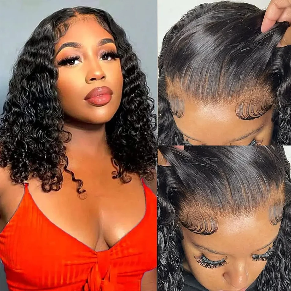 Brazilian Loose Deep Wave 13x4 Lace Frontal Human Hair Wigs 200% Transparent Water Curly Short Bob Wig Remy Wigs For Women