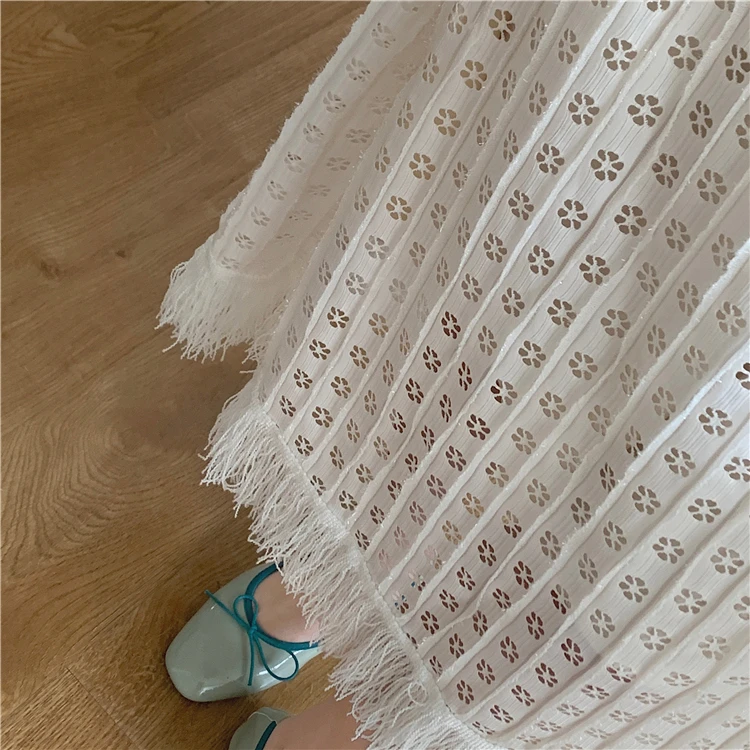 Hollow Lace Knitted Skirt Tassels Pleated Long Skirts Korean Elegant Casual Elastic High Waist Skirt Black Apricot Spring Summer white pleated skirt