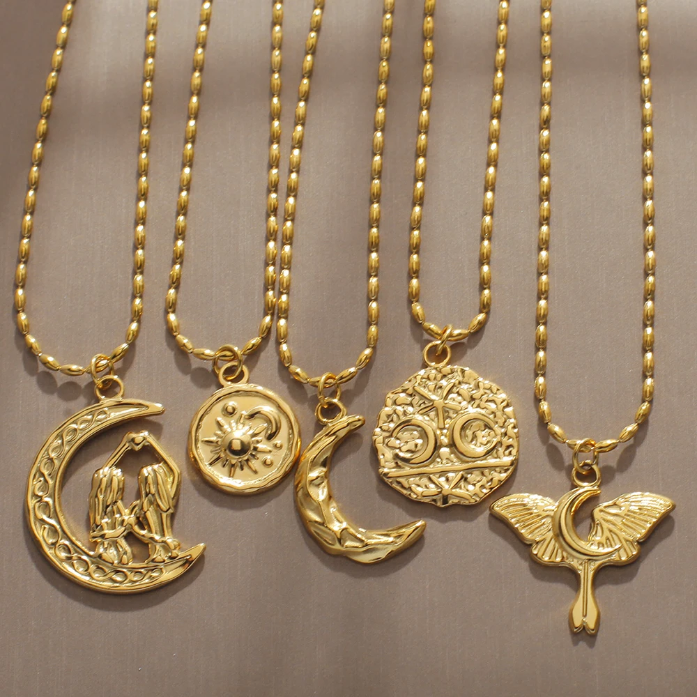 Damen-Anhänger-Halskette, goldene Kette, Sonne, Mond, Anhänger, Mode, Damen, Edelstahl, Schmuck-Sets, Accessoires, Geschenk, 2025, Trend