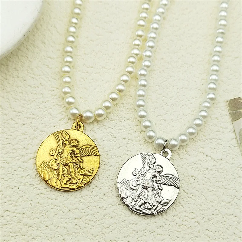 Erzengel Michael Anhänger Halskette Für Frauen Männer Edelstahl Perle Gold Farbe Religion Amulett Männliche Kette Schmuck Geschenke