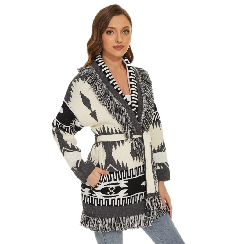 

Jastie Retro Bohemian Sweater Cardigan Fashion Warm Large Lapel Wool Knitted Jacket Women's Autumn and Winter Sweater Coat