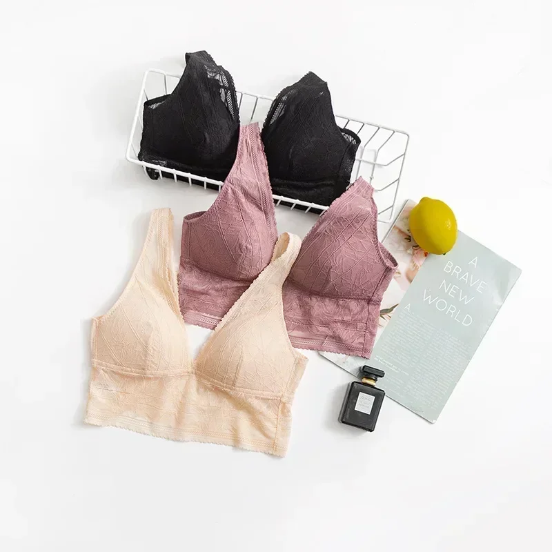 New 2024Women's Summer French Lace Vest Style Sexy and Breathable Natural Mulberry Silk Bra Without Steel Ring Back Bra