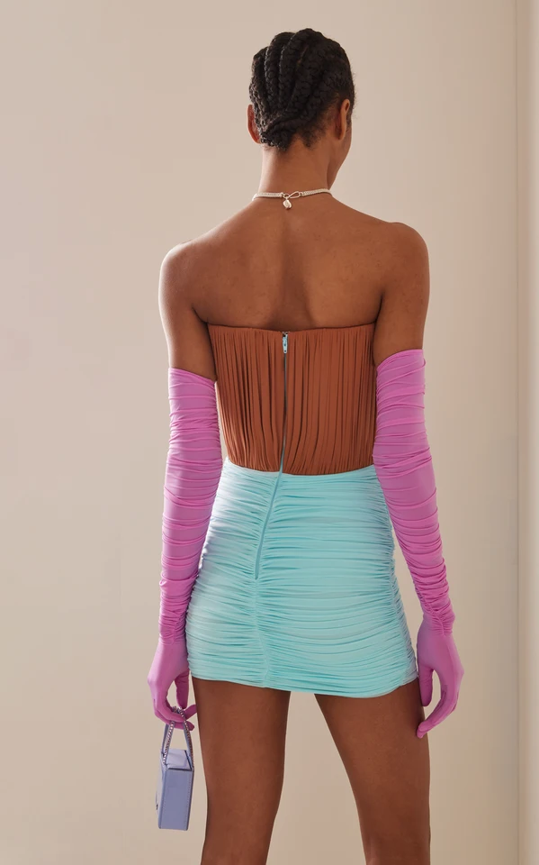 Stone Gloved Ruched Mesh Mini Dress Fashion Sweetheart Multi