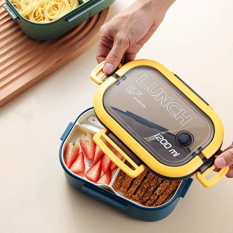 Lunch Box Bilayer Plastics Japanese Style Bento Box Student Microwave Kids  Lunch Box for School with Spoon Knife Fork