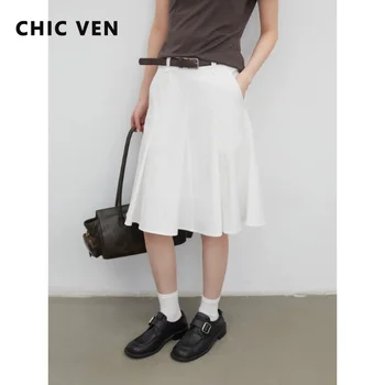 CHIC VEN Women Skirts White New Loose Pleated A-line Skirt for Woman Office Ladies Pleated Short Skirt Summer 2026 Clothing