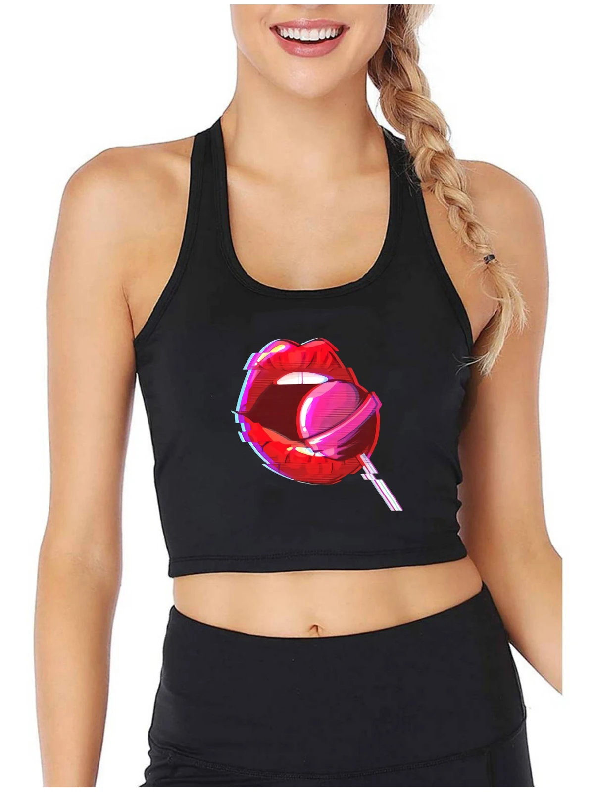 

Aesthetic E-Girl Mouth Lollipop Outfit Retro Style Tank Top Hotwife Street Fashion Techno Sexy Crop Top Summer Naughty Camisole