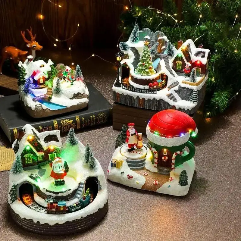 Christmas House Village Rotating Scene Ornament LED Lighting Santa Claus Snow Figurine Electric Music Box Xmas Decorative