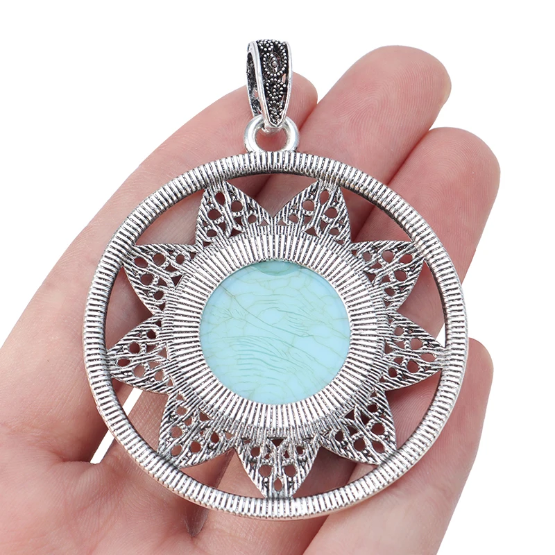 ZXZ 2pcs Tibetan Silver Large Flower Imitation Stone Round Charms ZXZ 2pcs Tibetan Silver Large Flower Imitation Stone Round Charms