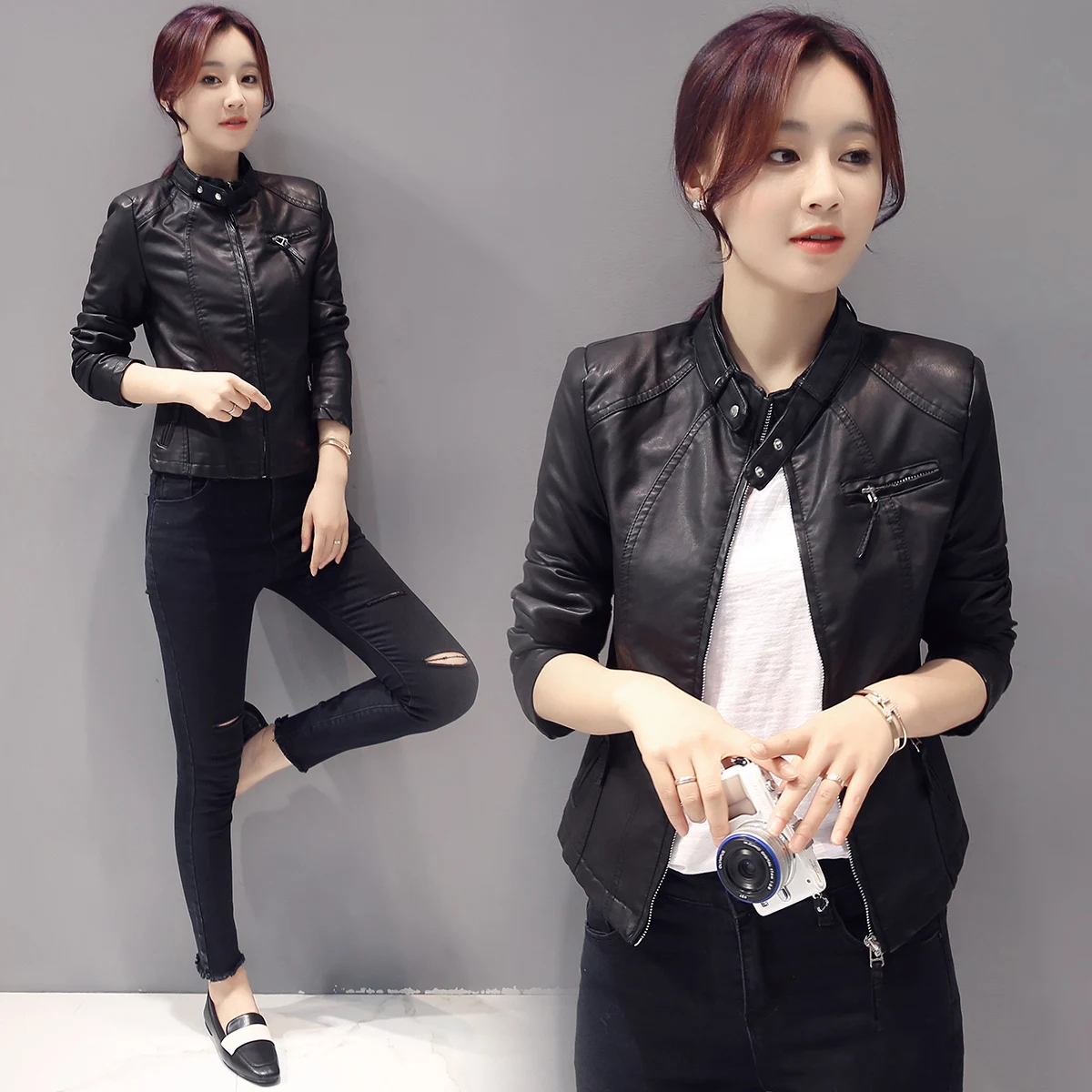 Long sleeved short washed slim fit 2024 spring and autumn zipper stand collar commuting PU leather jacket_voghion.com