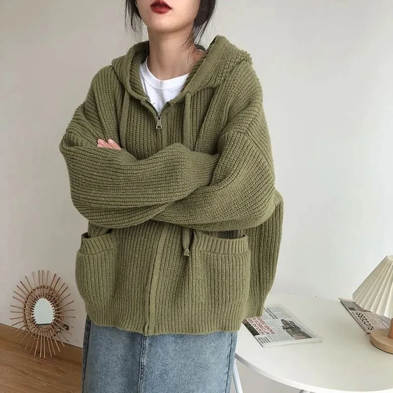 

Japanese Retro Hooded Sweaters Women's Solid Color Knitted Sweater Loose Casual Cardigan Coat Female Autumn Winter New Y2k Style