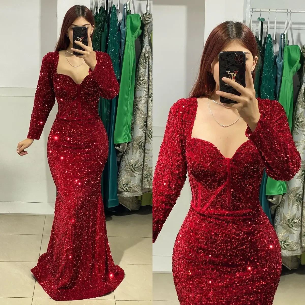 

Red Velour Sequins Mermaid Evening Dresses Sweetheart Long Sleeves Formal Party Prom Gowns Sweep Train فساتين للحفلات الراقصة