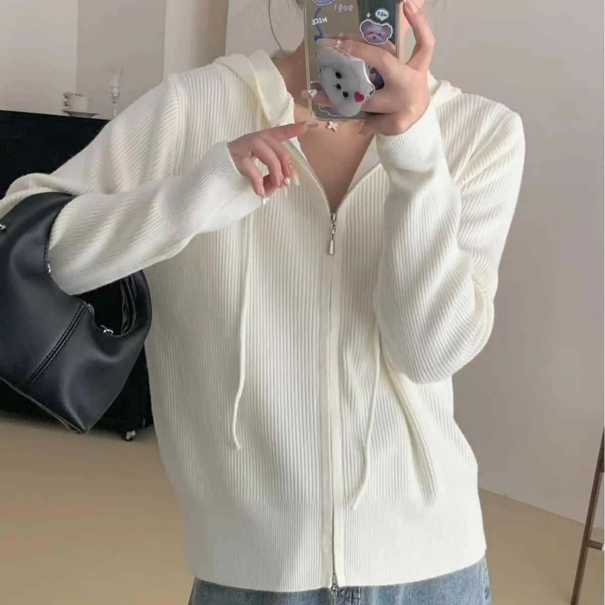 

Zippered Hooded Knitted Cardigan Women's Autumn/Winter New Style Unique Short Style Overlay Top Coat