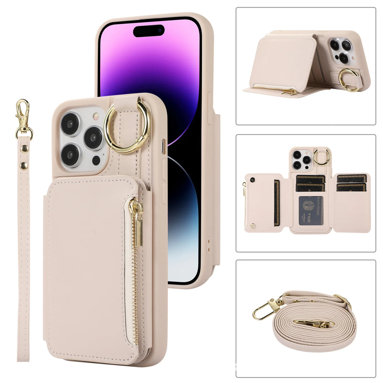 

Wallet Shoulder Strap Case For iPhone 15 Pro Max 14 13 12 11 Pro Max 15 Plus Finger Ring Leather Card Slot Lanyard Back Cover