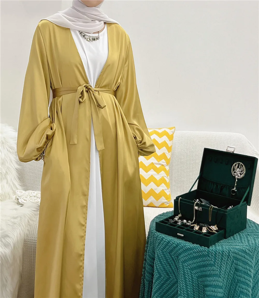 Muslim Fashion Clothing Women's Dubai Arab Puff Sleeve Lace Up Ramadan Dress Elegant Waist Closing Robe Türkiye Cardigan Robe